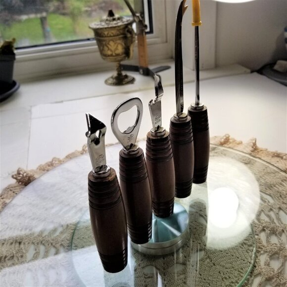 Vintage Mid Century Bar Tool Set with Wood Barrel Handles Ideal Viking - Picture 6 of 11